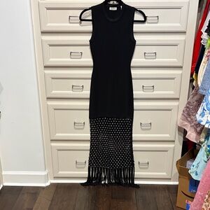Sandro Black Sleeveless Maxi Dress with Beaded Fringe